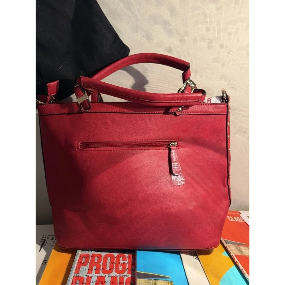 Isabelle Boutique Red Vegan Leather Studded Satchel‎ Handbag NWT Medium